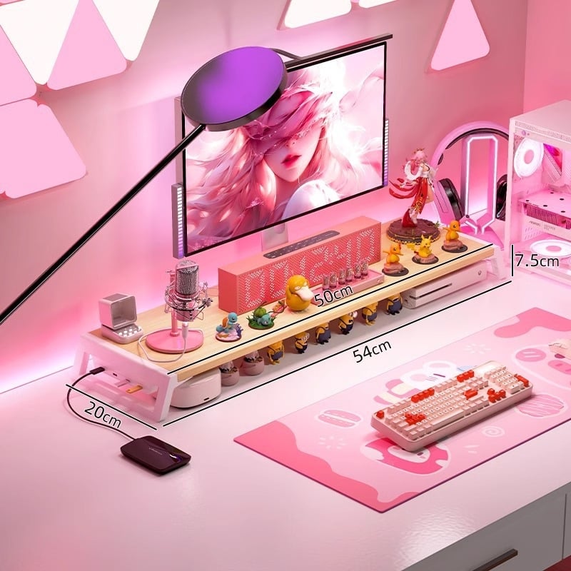 Stojan na monitor na stole s úložným priestorom – viacúčelový, prenosný, pohyblivý, bez inštalácie; materiál: doska s vysokou hustotou + plastové nohy; na stolnú dosku; jednostupňový dizajn.