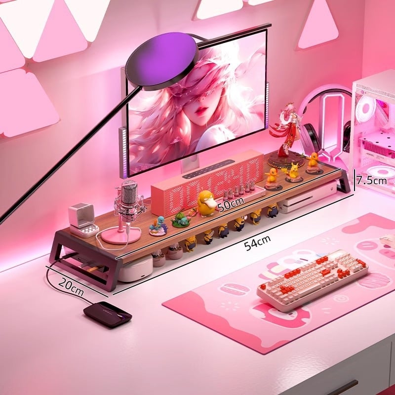 Stojan na monitor na stole s úložným priestorom – viacúčelový, prenosný, pohyblivý, bez inštalácie; materiál: doska s vysokou hustotou + plastové nohy; na stolnú dosku; jednostupňový dizajn.