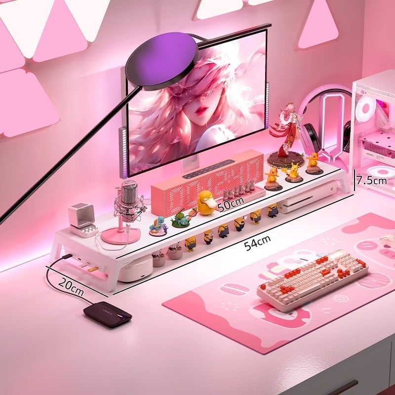 Stojan na monitor na stole s úložným priestorom – viacúčelový, prenosný, pohyblivý, bez inštalácie; materiál: doska s vysokou hustotou + plastové nohy; na stolnú dosku; jednostupňový dizajn.