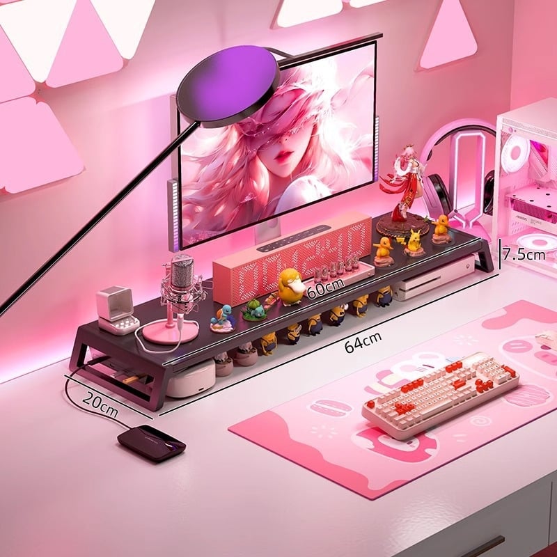 Stojan na monitor na stole s úložným priestorom – viacúčelový, prenosný, pohyblivý, bez inštalácie; materiál: doska s vysokou hustotou + plastové nohy; na stolnú dosku; jednostupňový dizajn.