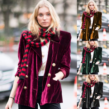 Ženski sako od baršuna, srednja duljina, ovratnik, dvostruko kopčanje, ležerna silueta