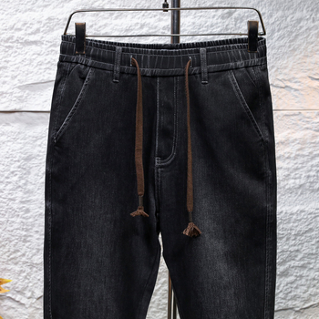 Мъжки дънкови джогър панталони — свободен харем стил, средно висока талия, връзка и ластик на талията, деним с памук/полиестер/еластан, есен 2025