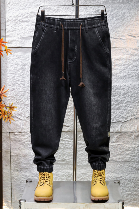 Мъжки дънкови джогър панталони — свободен харем стил, средно висока талия, връзка и ластик на талията, деним с памук/полиестер/еластан, есен 2025