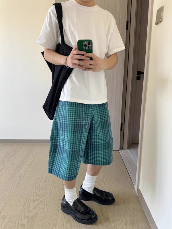 Japán stílusú retro kockás rövidnadrág, laza egyenes szabású, poliészter, mikroelasztikusság, nyári viselet
