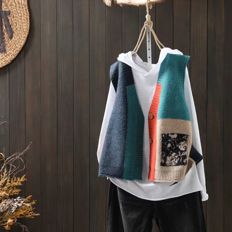 Ženski retro pleteni prsluk-kardigan s halter ovratnikom, poliester, labav kroj