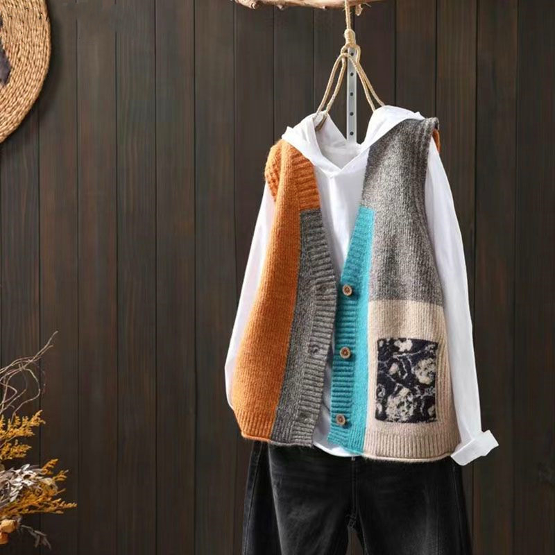 Ženski retro pleteni prsluk-kardigan s halter ovratnikom, poliester, labav kroj