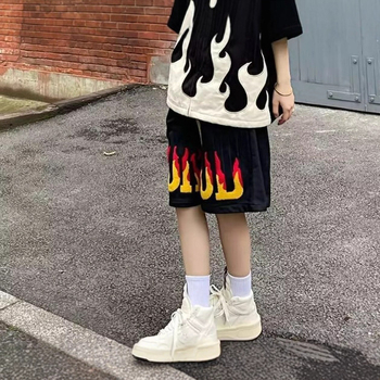 Muške šorceve u američkom retro stilu s Flame Letters, ljeto 2025, slobodan kroj, duljina Five-Quarter, poliester tkanina, mikroelastičnost, vintage stil