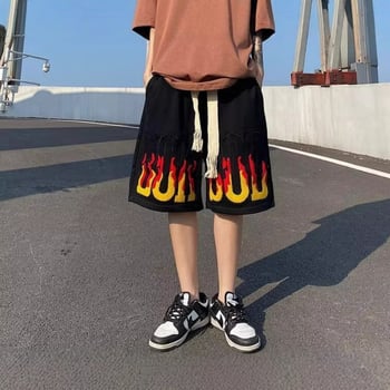Muške šorceve u američkom retro stilu s Flame Letters, ljeto 2025, slobodan kroj, duljina Five-Quarter, poliester tkanina, mikroelastičnost, vintage stil