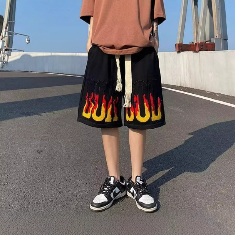 Muške šorceve u američkom retro stilu s Flame Letters, ljeto 2025, slobodan kroj, duljina Five-Quarter, poliester tkanina, mikroelastičnost, vintage stil