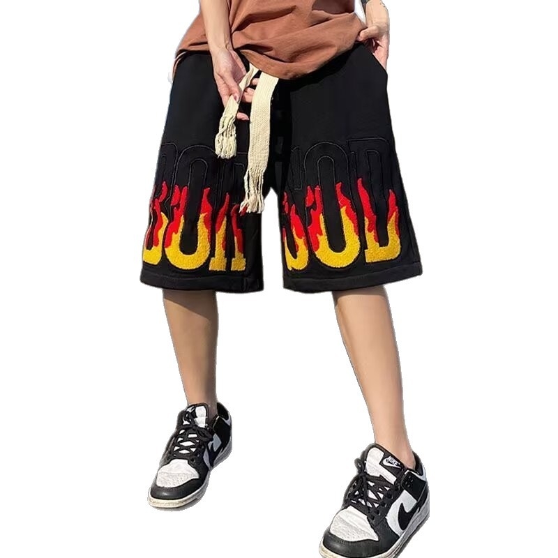 Muške šorceve u američkom retro stilu s Flame Letters, ljeto 2025, slobodan kroj, duljina Five-Quarter, poliester tkanina, mikroelastičnost, vintage stil