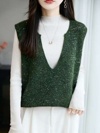 Női ujjatlan kötött mellény worsted gyapjúnból, V-nyakú kivágással és flitteres réteggel, elegáns városi stílus, tél 2025