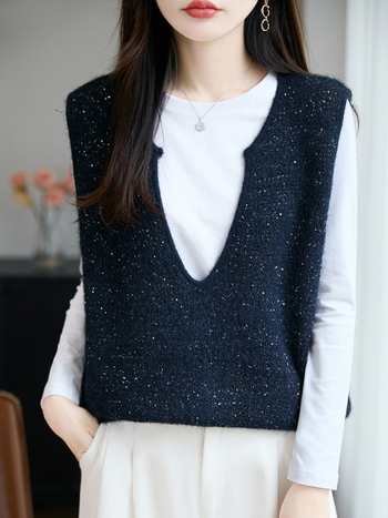 Női ujjatlan kötött mellény worsted gyapjúnból, V-nyakú kivágással és flitteres réteggel, elegáns városi stílus, tél 2025