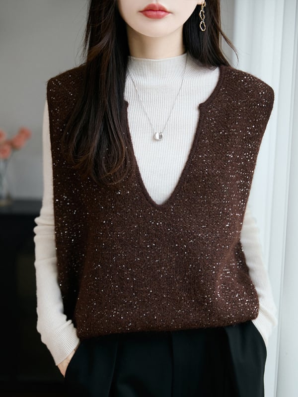 Női ujjatlan kötött mellény worsted gyapjúnból, V-nyakú kivágással és flitteres réteggel, elegáns városi stílus, tél 2025