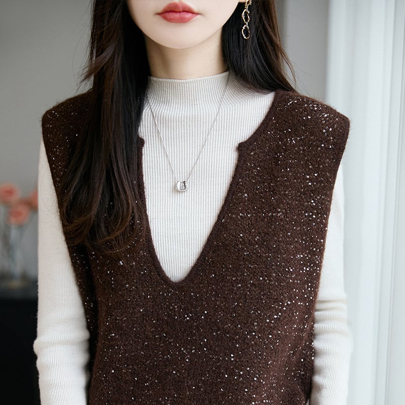 Női ujjatlan kötött mellény worsted gyapjúnból, V-nyakú kivágással és flitteres réteggel, elegáns városi stílus, tél 2025
