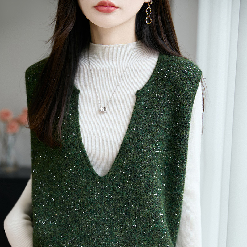 Női ujjatlan kötött mellény worsted gyapjúnból, V-nyakú kivágással és flitteres réteggel, elegáns városi stílus, tél 2025