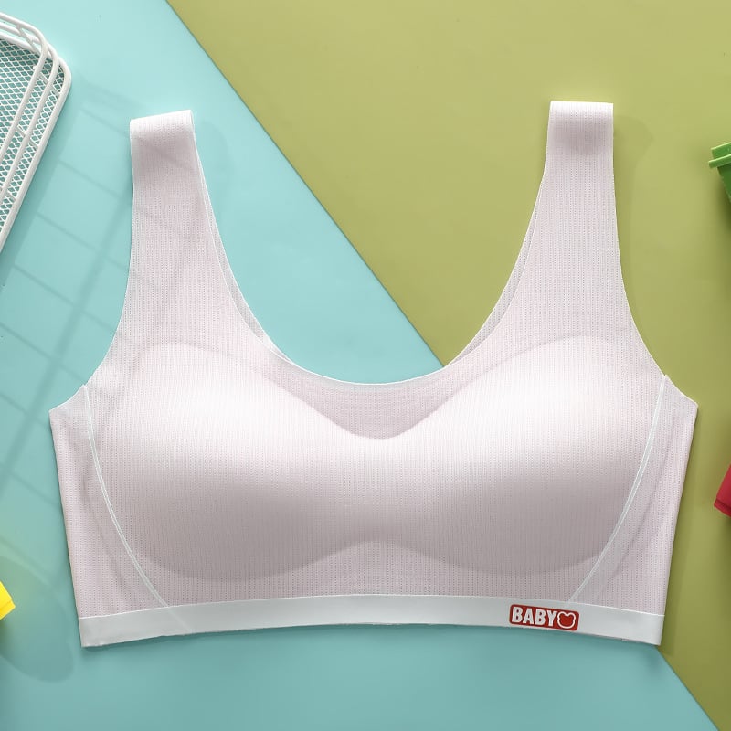 Pubertás korú lányok sportmelltartója, 2. szakasz (12–15 év), nejlon anyag, 3/4 kosár, vékony formázott kosár pamut béléssel, rögzített dupla vállpántok
