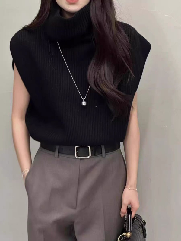 Női ujjatlan kötött mellény magas gallérral, laza szabású – poliészter-viszkóz kötésű