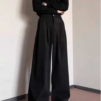 Férfi koreai stílusú egyenes szárú nadrág, középmagas derék, mikro-elasztikus, poliészter-keverék