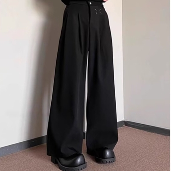 Férfi koreai stílusú egyenes szárú nadrág, középmagas derék, mikro-elasztikus, poliészter-keverék