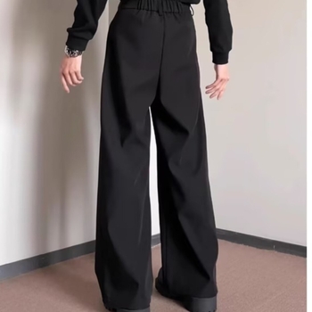 Férfi koreai stílusú egyenes szárú nadrág, középmagas derék, mikro-elasztikus, poliészter-keverék