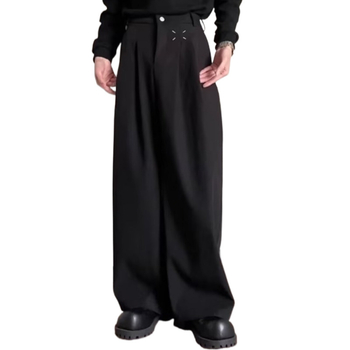 Férfi koreai stílusú egyenes szárú nadrág, középmagas derék, mikro-elasztikus, poliészter-keverék