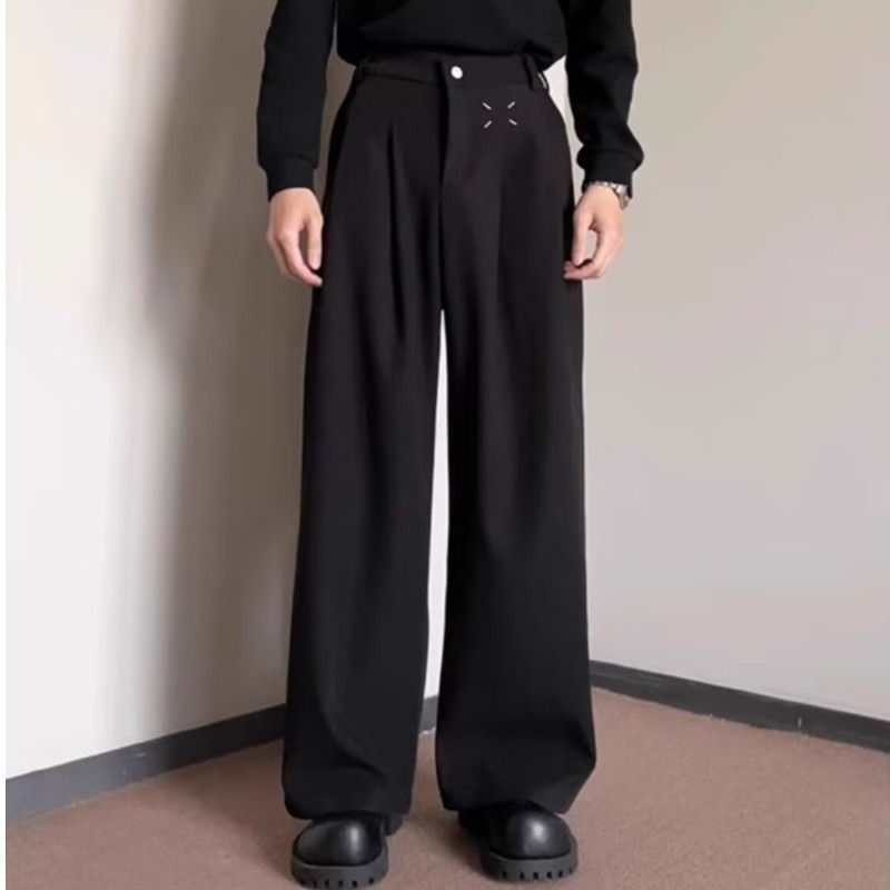 Férfi koreai stílusú egyenes szárú nadrág, középmagas derék, mikro-elasztikus, poliészter-keverék