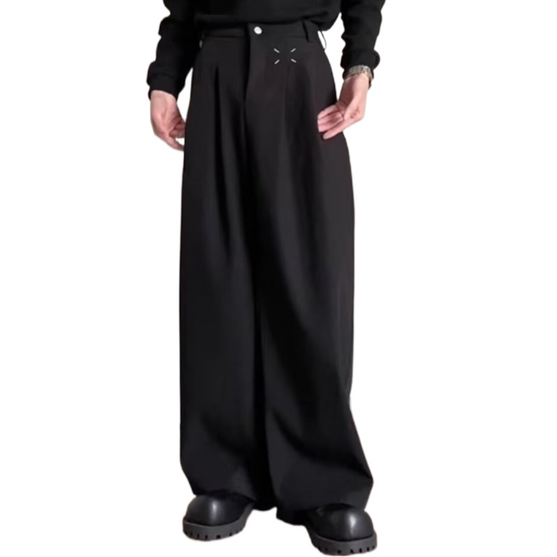 Férfi koreai stílusú egyenes szárú nadrág, középmagas derék, mikro-elasztikus, poliészter-keverék