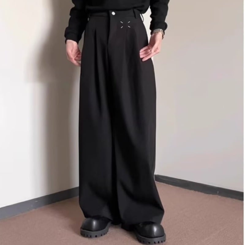 Férfi koreai stílusú egyenes szárú nadrág, középmagas derék, mikro-elasztikus, poliészter-keverék