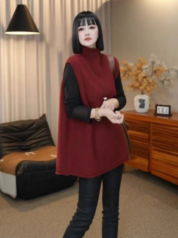 Ženski elegantni pleteni vest-sviter s polu-rolkom, ležernog kroja, srednja duljina, poliester