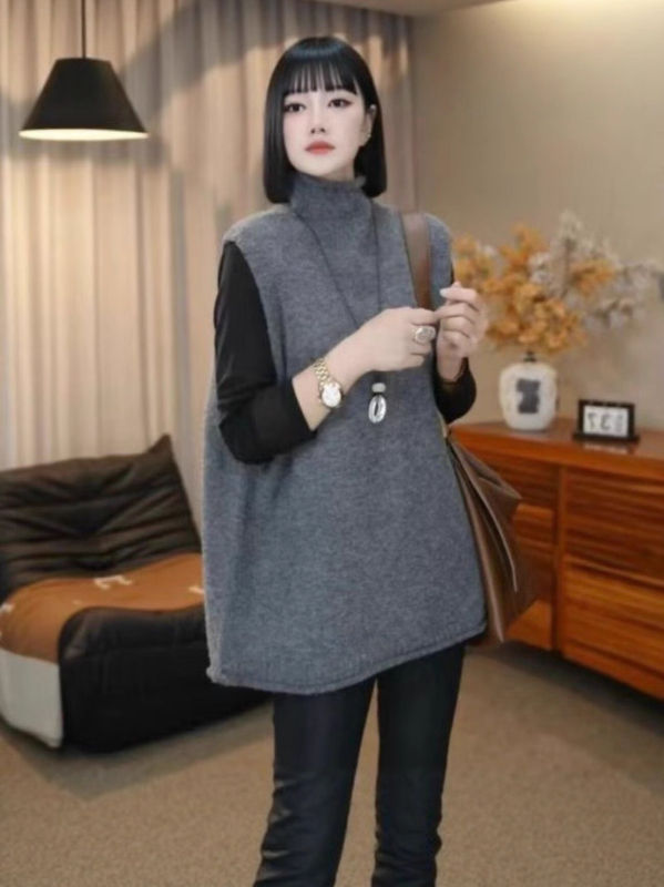 Ženski elegantni pleteni vest-sviter s polu-rolkom, ležernog kroja, srednja duljina, poliester