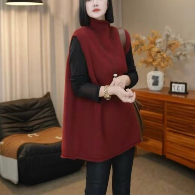Ženski elegantni pleteni vest-sviter s polu-rolkom, ležernog kroja, srednja duljina, poliester