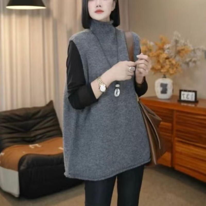 Ženski elegantni pleteni vest-sviter s polu-rolkom, ležernog kroja, srednja duljina, poliester