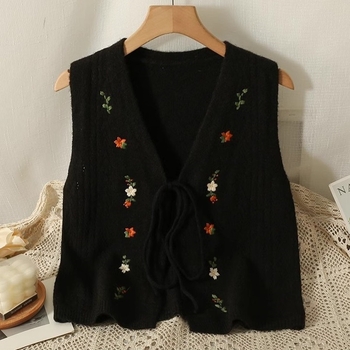 Ženska pletena vesta bez rukava s V izrezom, izšivena mašna, vezanje sprijeda, mješavina ovčje vune s 30–50% akrila, zima 2025