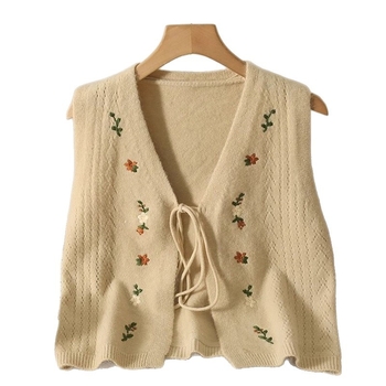 Ženska pletena vesta bez rukava s V izrezom, izšivena mašna, vezanje sprijeda, mješavina ovčje vune s 30–50% akrila, zima 2025