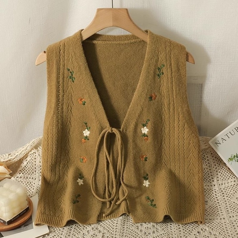 Ženska pletena vesta bez rukava s V izrezom, izšivena mašna, vezanje sprijeda, mješavina ovčje vune s 30–50% akrila, zima 2025