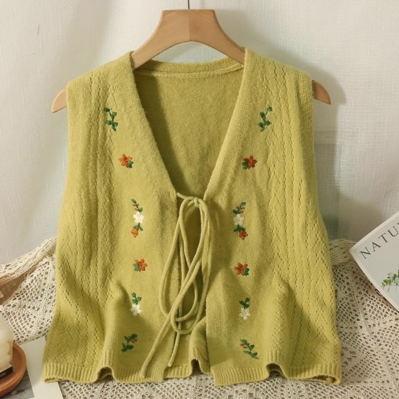 Ženska pletena vesta bez rukava s V izrezom, izšivena mašna, vezanje sprijeda, mješavina ovčje vune s 30–50% akrila, zima 2025