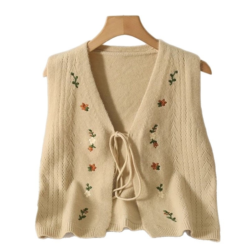 Ženska pletena vesta bez rukava s V izrezom, izšivena mašna, vezanje sprijeda, mješavina ovčje vune s 30–50% akrila, zima 2025