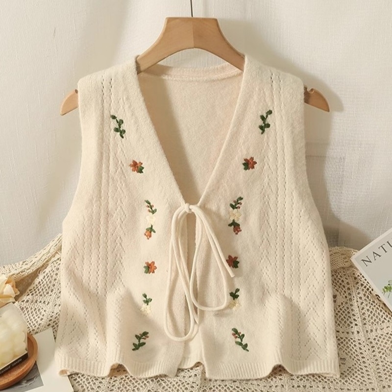 Ženska pletena vesta bez rukava s V izrezom, izšivena mašna, vezanje sprijeda, mješavina ovčje vune s 30–50% akrila, zima 2025