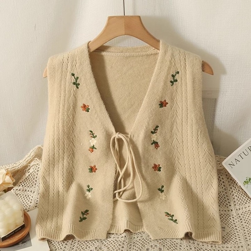Ženska pletena vesta bez rukava s V izrezom, izšivena mašna, vezanje sprijeda, mješavina ovčje vune s 30–50% akrila, zima 2025