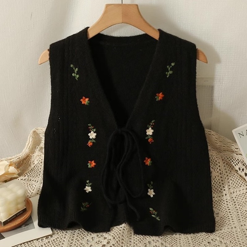 Ženska pletena vesta bez rukava s V izrezom, izšivena mašna, vezanje sprijeda, mješavina ovčje vune s 30–50% akrila, zima 2025