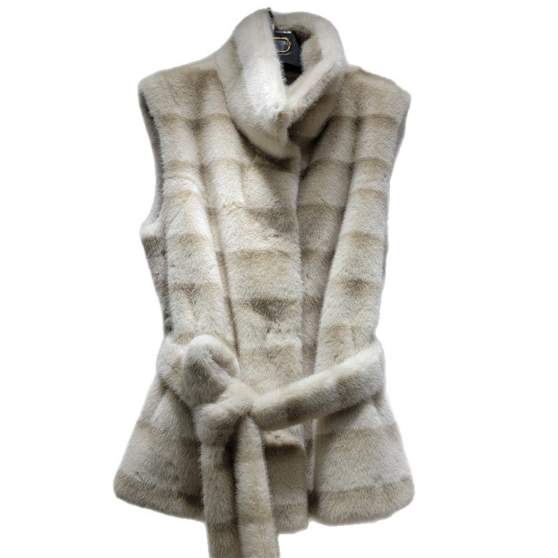 Ženski vest od umjetnog krzna, kardigan stil, slobodan kroj, prednje vezivanje šnuralom, duljina 50–65 cm