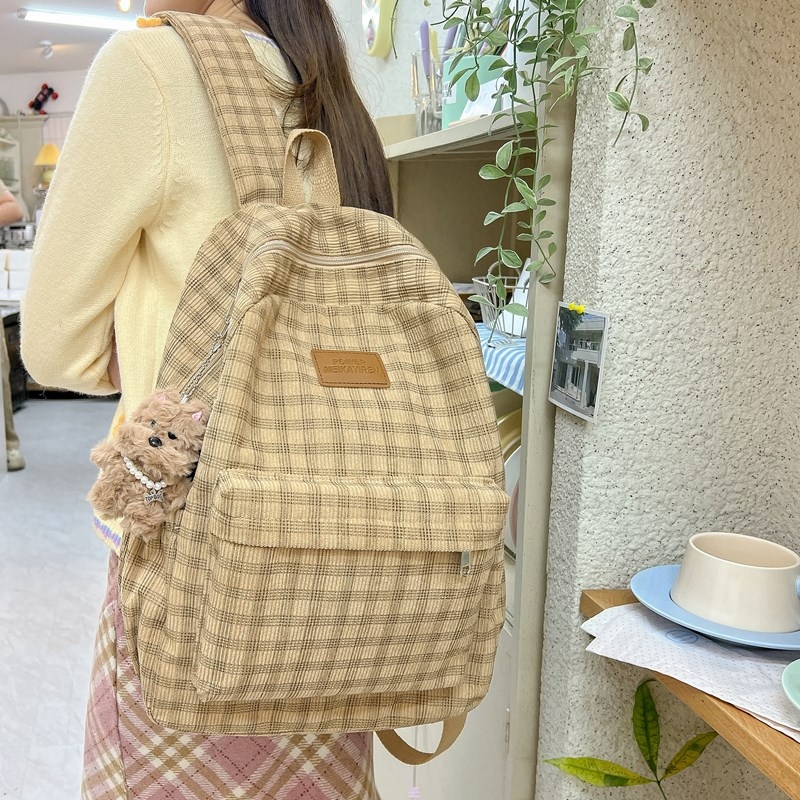 Női egyetemi hátizsák Corduroy anyagból, plaid mintázat, mindennapi használatra, ívelt vállpántok, poliészter bélés, tehercsökkentő funkció