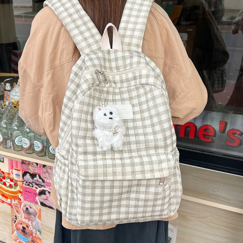 Női egyetemi hátizsák Corduroy anyagból, plaid mintázat, mindennapi használatra, ívelt vállpántok, poliészter bélés, tehercsökkentő funkció