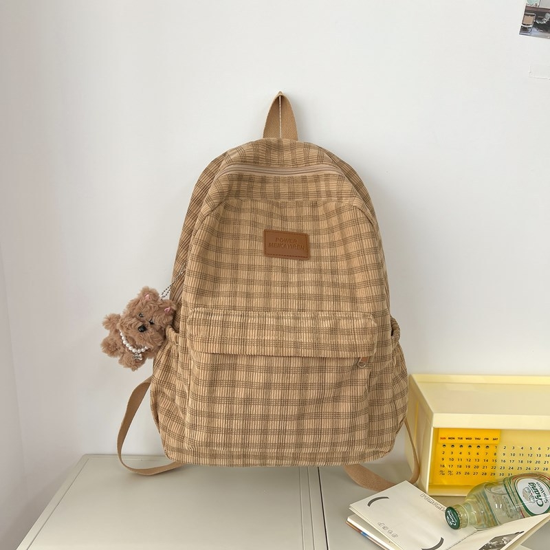 Női egyetemi hátizsák Corduroy anyagból, plaid mintázat, mindennapi használatra, ívelt vállpántok, poliészter bélés, tehercsökkentő funkció