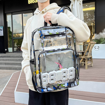 Rucsac din folie plastică, stil street, model geometric, curele de umăr curbate