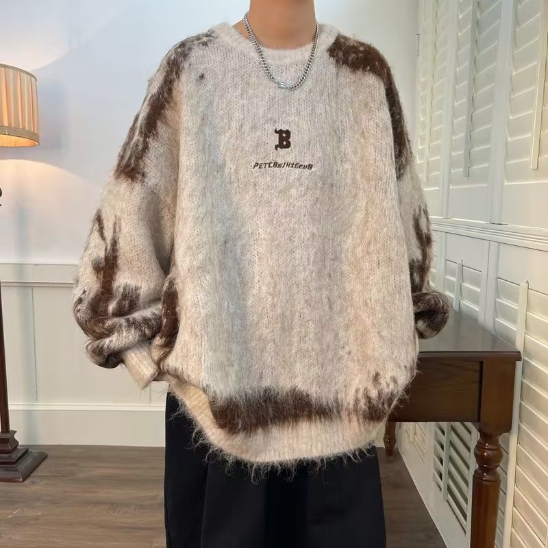 Pulover pentru bărbați, stil american retro lejer, stil coreean, guler rotund, bumbac, îmbrăcăminte de iarnă