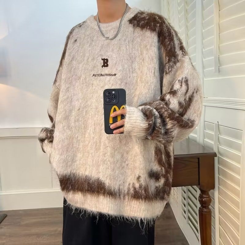 Pulover pentru bărbați, stil american retro lejer, stil coreean, guler rotund, bumbac, îmbrăcăminte de iarnă