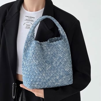 Ručno tkana denimska tote torba, gradski stil, oblik košare, magnetsko zatvaranje
