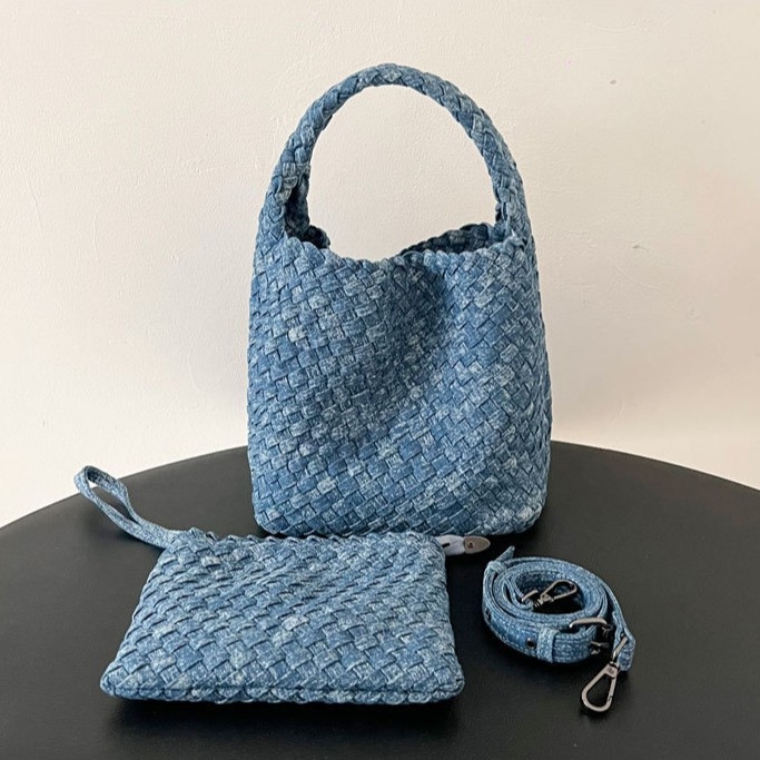 Ručno tkana denimska tote torba, gradski stil, oblik košare, magnetsko zatvaranje