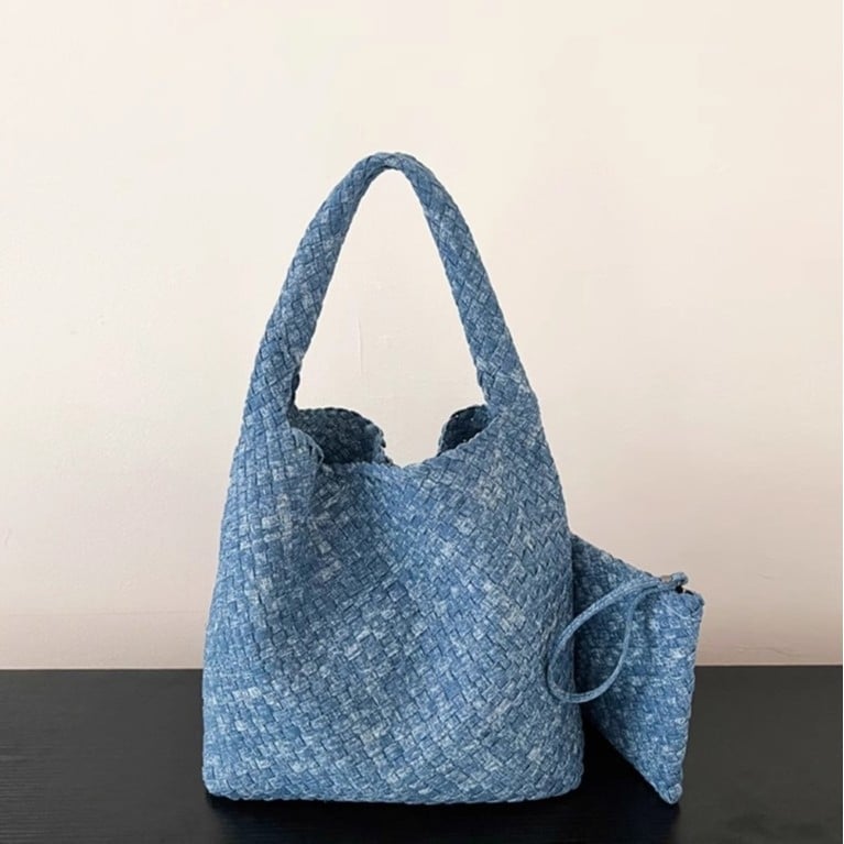 Ručno tkana denimska tote torba, gradski stil, oblik košare, magnetsko zatvaranje